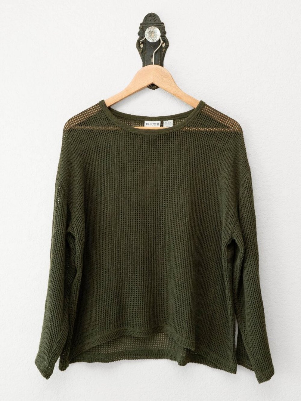 Chicos Green Open Knit Sweater Size 2 Cotton Lightweight Mesh Pullover